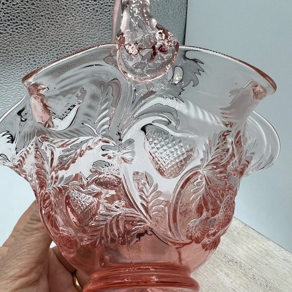 Dusty Rose by Fenton. Thin ruffled edges, rose pattern with applied handle.